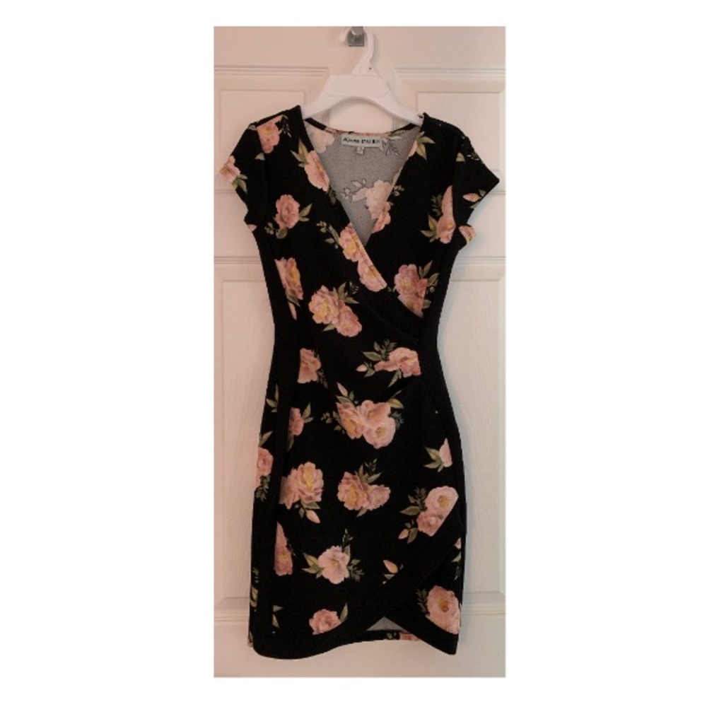 Bodycon, black floral wrap dress. Almost famous.